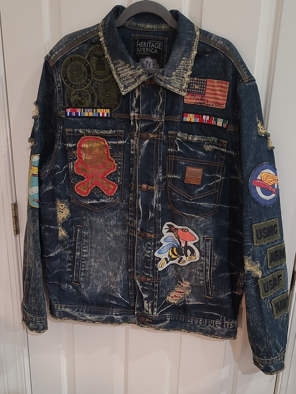 Heritage America 1776 Distressed Denim Jacket with Military Patches - Size 2X